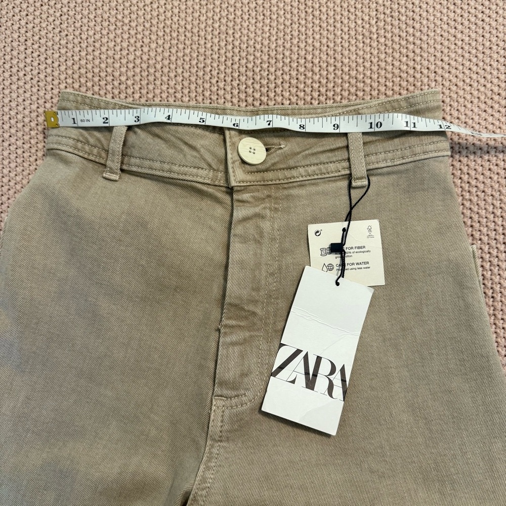 NWT Zara Marine Straight Wide Leg Denim Pants in Khaki Beige Raw Hem size 2 - Picture 9 of 12